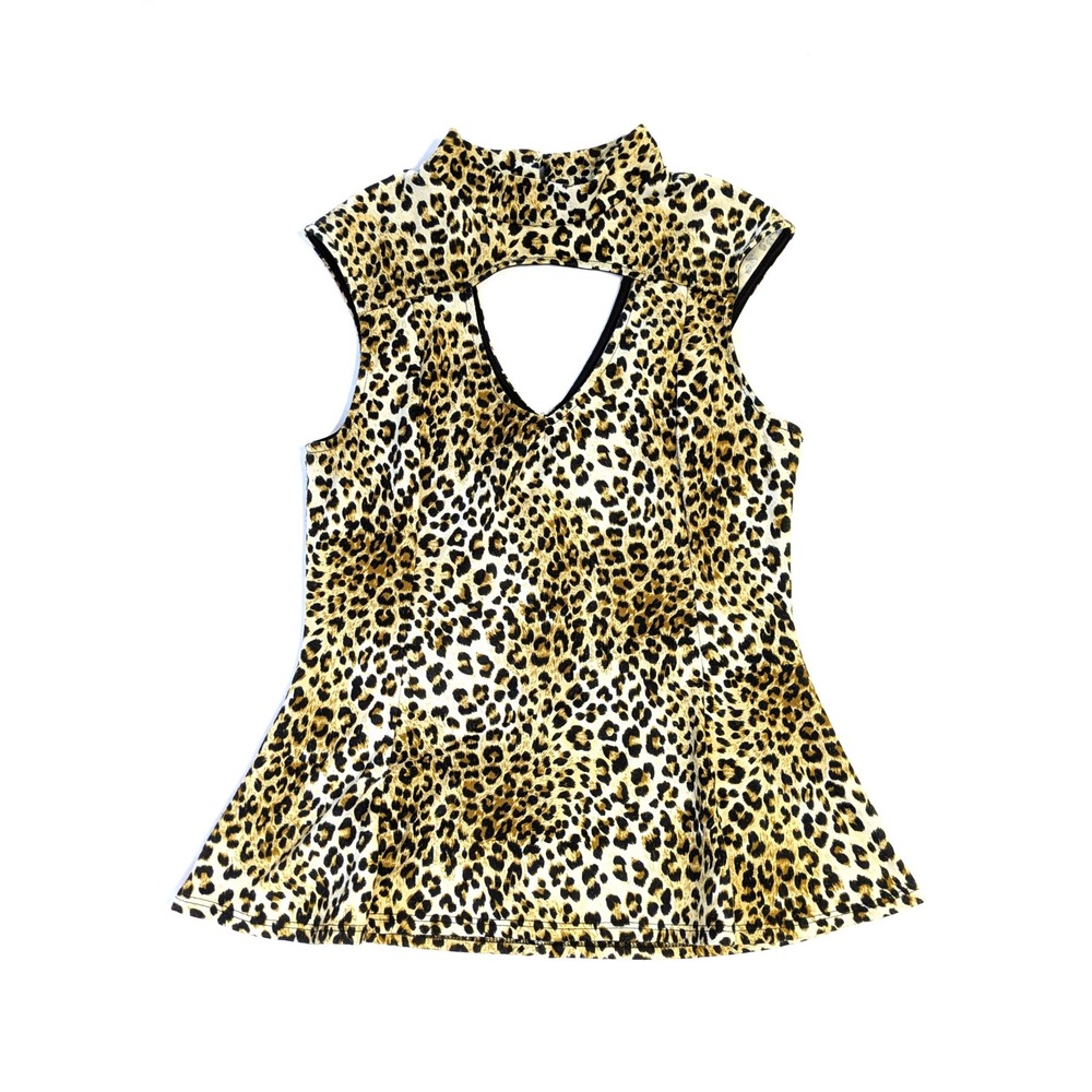 Flamingo Leopard Print Peplum Top - Women's M - Mock Neck Keyhole Sleeveless